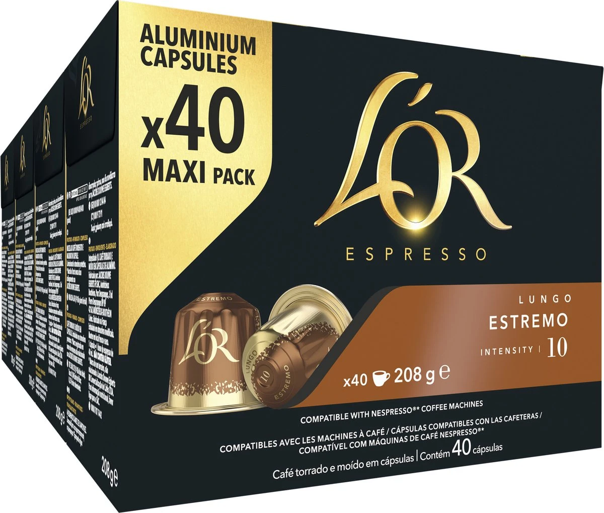 L'OR Lungo Estremo Koffiecups - Intensiteit 10/12 - 4 X 40 Capsules 1 L'OR Lungo Estremo Koffiecups - Intensiteit 10/12 - 4 X 40 Capsules