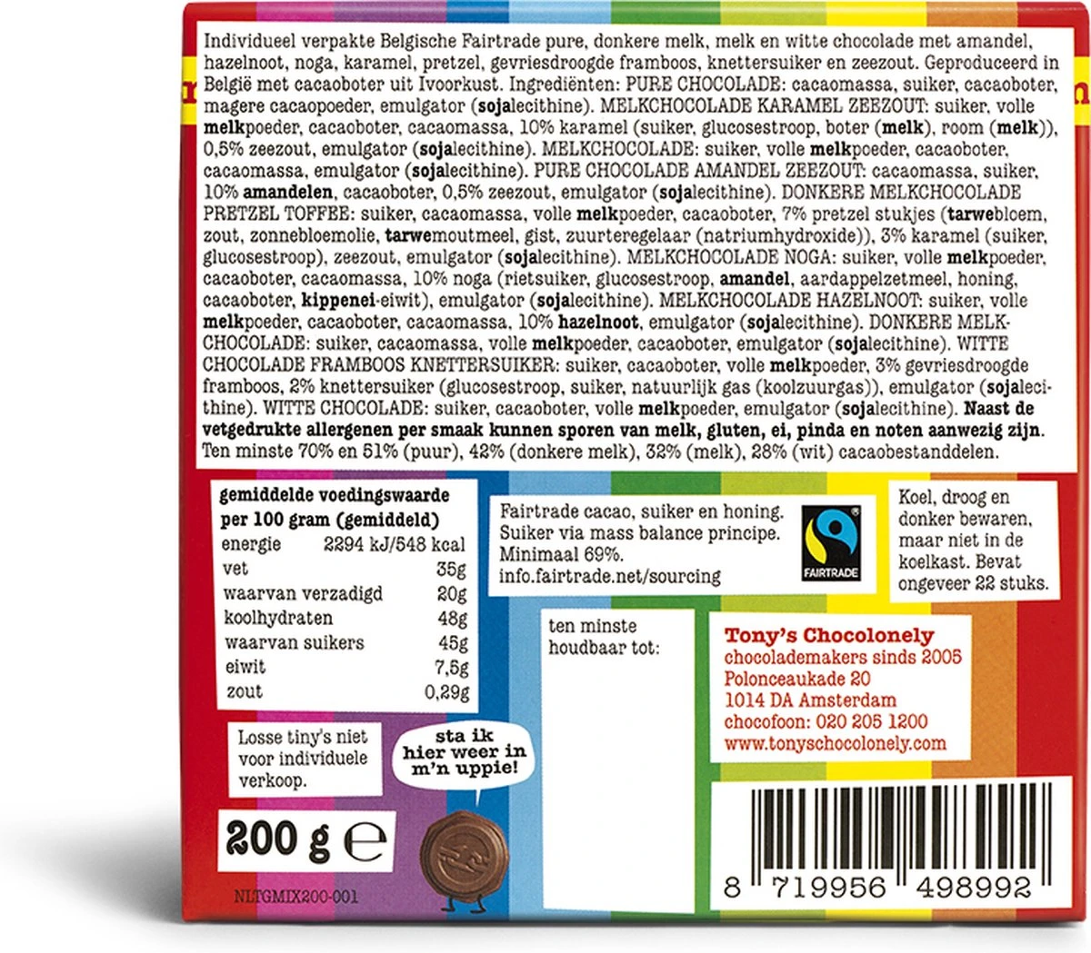 Tony's Chocolonely Tiny's Kadoosje Mix Chocolade Cadeau - 22 Mini Uitdeel Chocolaatjes - 200 Gram - Belgische Fairtrade Chocolade 6 Tony's Chocolonely Tiny's Kadoosje Mix Chocolade Cadeau - 22 Mini Uitdeel Chocolaatjes - 200 Gram - Belgische Fairtrade Chocolade - Afbeelding 6