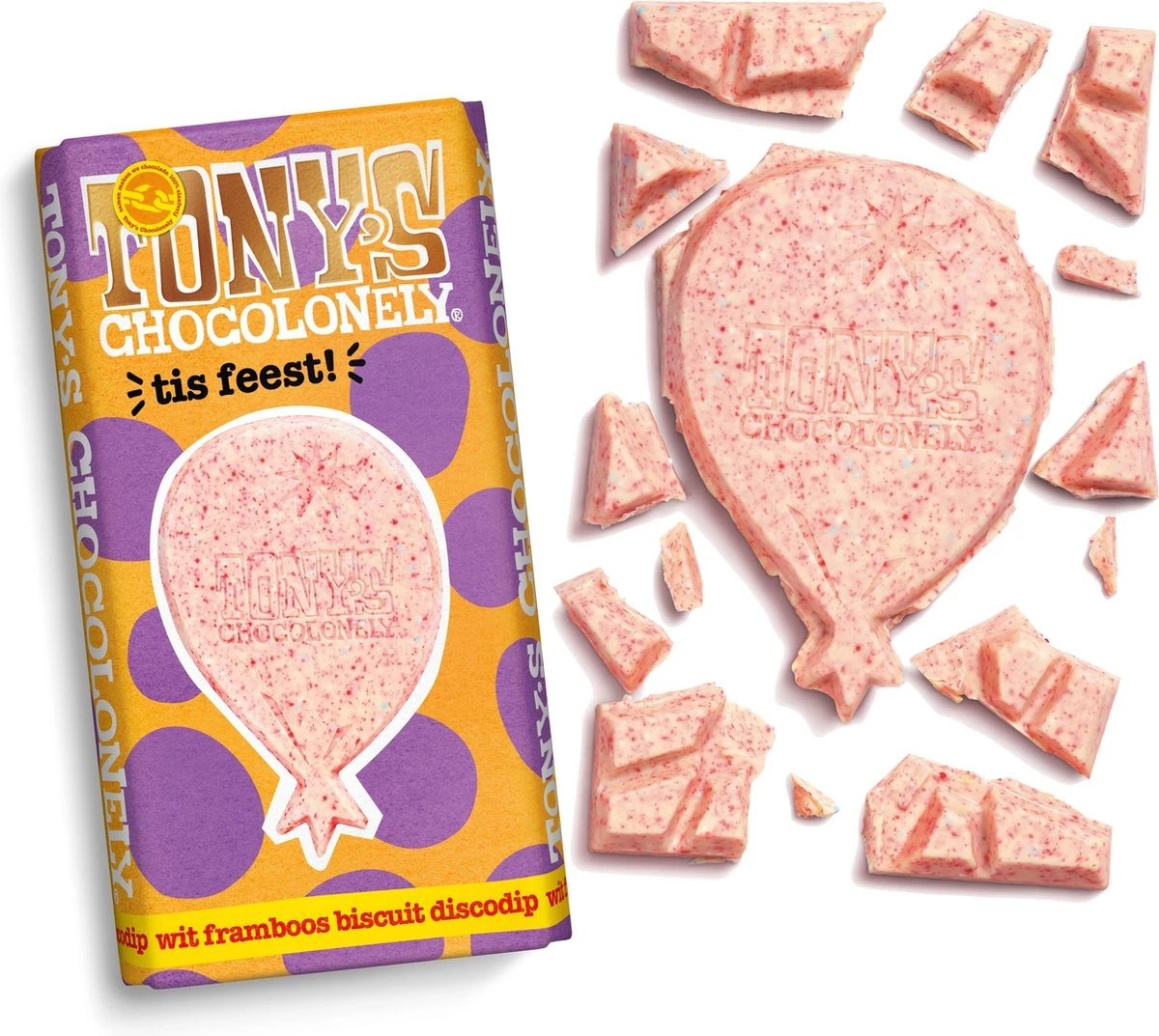 Tony's Chocolonely Witte Chocolade Framboos Biscuit Discodip Chocoladereep - Gefeliciteerd T Is Feest! - Chocolade Cadeau Verjaardag - Belgische Fairtrade Chocolade - 1 X 180 Gram 1 Tony's Chocolonely Witte Chocolade Framboos Biscuit Discodip Chocoladereep - Gefeliciteerd T Is Feest! - Chocolade Cadeau Verjaardag - Belgische Fairtrade Chocolade - 1 X 180 Gram