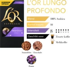 L'OR Lungo Profondo Koffiecups - Intensiteit 8/12 - 10 X 10 Capsules -Monin Verkoopwinkel 1200x1140