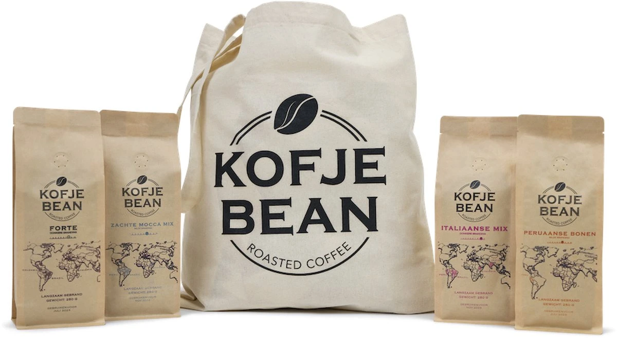 Kofjebean - 'proef Alle Koffiebonen' Pakket - 4 X 250 Gram Koffiebonen 1 Kofjebean - 'proef Alle Koffiebonen' Pakket - 4 X 250 Gram Koffiebonen