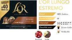 L'OR Lungo Estremo Koffiecups - Intensiteit 10/12 - 4 X 40 Capsules 9 L'OR Lungo Estremo Koffiecups - Intensiteit 10/12 - 4 X 40 Capsules -Monin Verkoopwinkel 1200x676