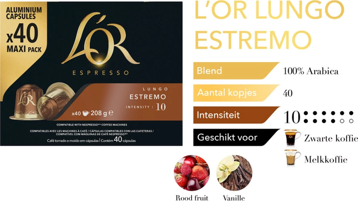 L'OR Lungo Estremo Koffiecups - Intensiteit 10/12 - 4 X 40 Capsules 4 L'OR Lungo Estremo Koffiecups - Intensiteit 10/12 - 4 X 40 Capsules - Afbeelding 4