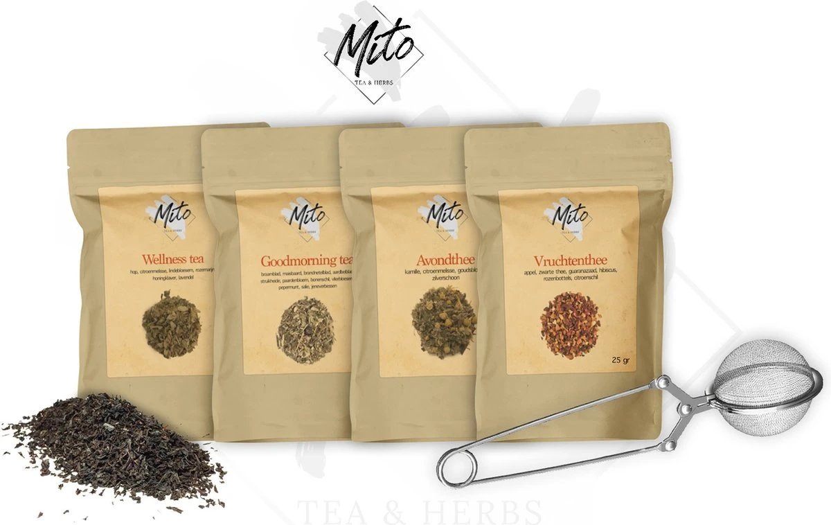 Mito Tea - Losse Thee - Deluxe Theepakket - Cadeau - Proefpakket Met 4 Verschillende Losse Thee * Special Taste * 4X 25 Gram - Avondthee - Appel/Hibiscus - Vruchtenthee - Goodmorning Tea - Random - Voorzien Van De Beste Ingrediënten 1 Mito Tea - Losse Thee - Deluxe Theepakket - Cadeau - Proefpakket Met 4 Verschillende Losse Thee * Special Taste * 4X 25 Gram - Avondthee - Appel/Hibiscus - Vruchtenthee - Goodmorning Tea - Random - Voorzien Van De Beste Ingrediënten