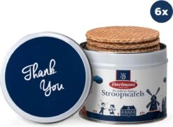 Stroopwafel Cadeau Blik 'Thank You' - Doos Met 6 Blikjes - 230 Gram Per Blik - 8 Stroopwafels Per Blik (48 Koeken )