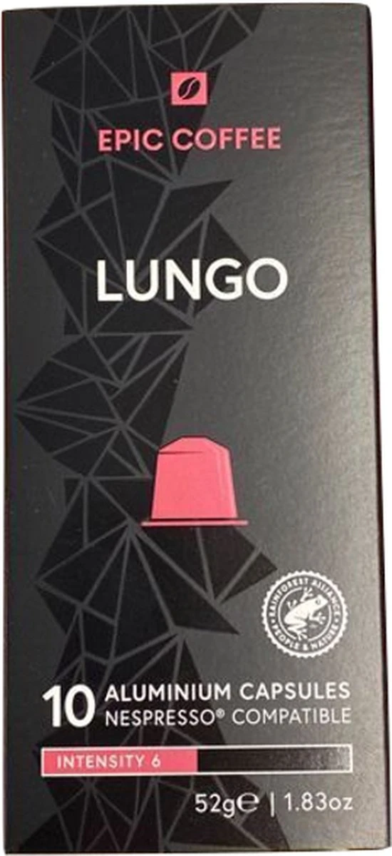 100 Capsules Epic Coffee - Lungo - Nespresso® Compatible Aluminium Capsules - RFA Keurmerk - Doos 100 Stuks 2 100 Capsules Epic Coffee - Lungo - Nespresso® Compatible Aluminium Capsules - RFA Keurmerk - Doos 100 Stuks - Afbeelding 2