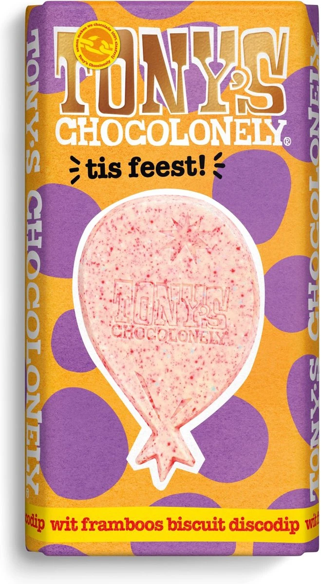 Tony's Chocolonely Witte Chocolade Framboos Biscuit Discodip Chocoladereep - Gefeliciteerd T Is Feest! - Chocolade Cadeau Verjaardag - Belgische Fairtrade Chocolade - 1 X 180 Gram 2 Tony's Chocolonely Witte Chocolade Framboos Biscuit Discodip Chocoladereep - Gefeliciteerd T Is Feest! - Chocolade Cadeau Verjaardag - Belgische Fairtrade Chocolade - 1 X 180 Gram - Afbeelding 2