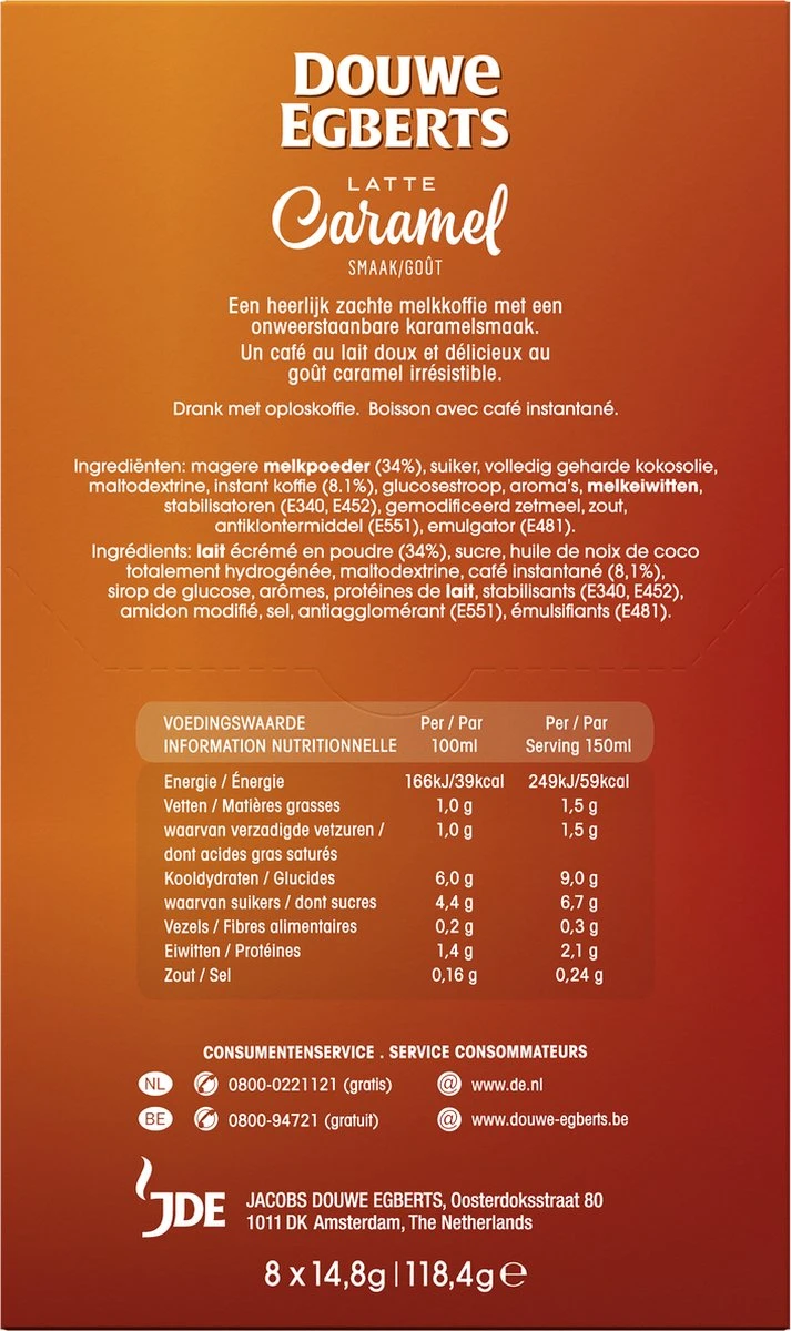 Douwe Egberts Verwenkoffie Latte Caramel Oploskoffie - 5 X 8 Zakjes 3 Douwe Egberts Verwenkoffie Latte Caramel Oploskoffie - 5 X 8 Zakjes - Afbeelding 3