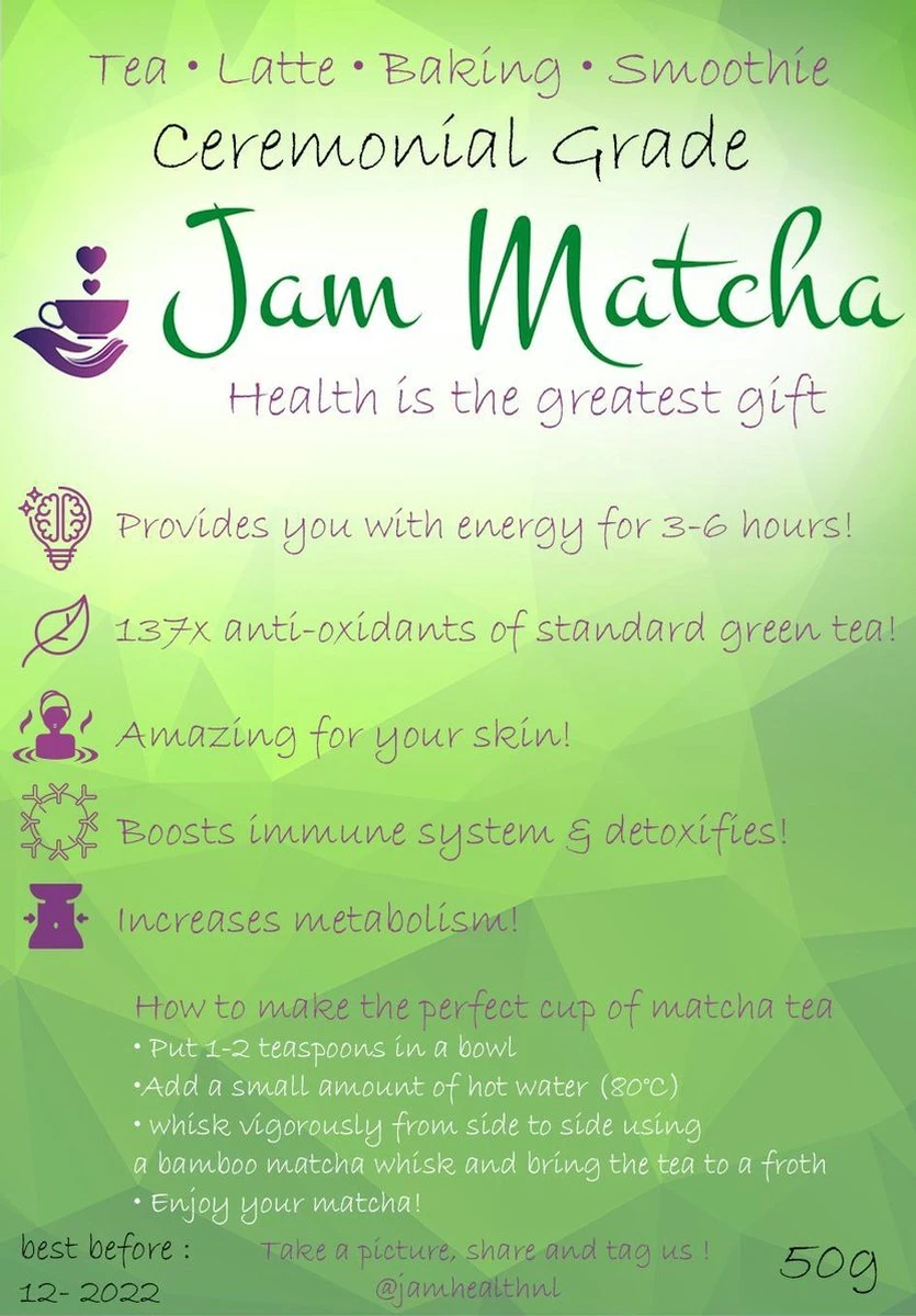Biologische Matcha Poeder 50 Gram - CEREMONIAL GRADE - JamMatcha Groene Thee - Matcha Thee 3 Biologische Matcha Poeder 50 Gram - CEREMONIAL GRADE - JamMatcha Groene Thee - Matcha Thee - Afbeelding 3