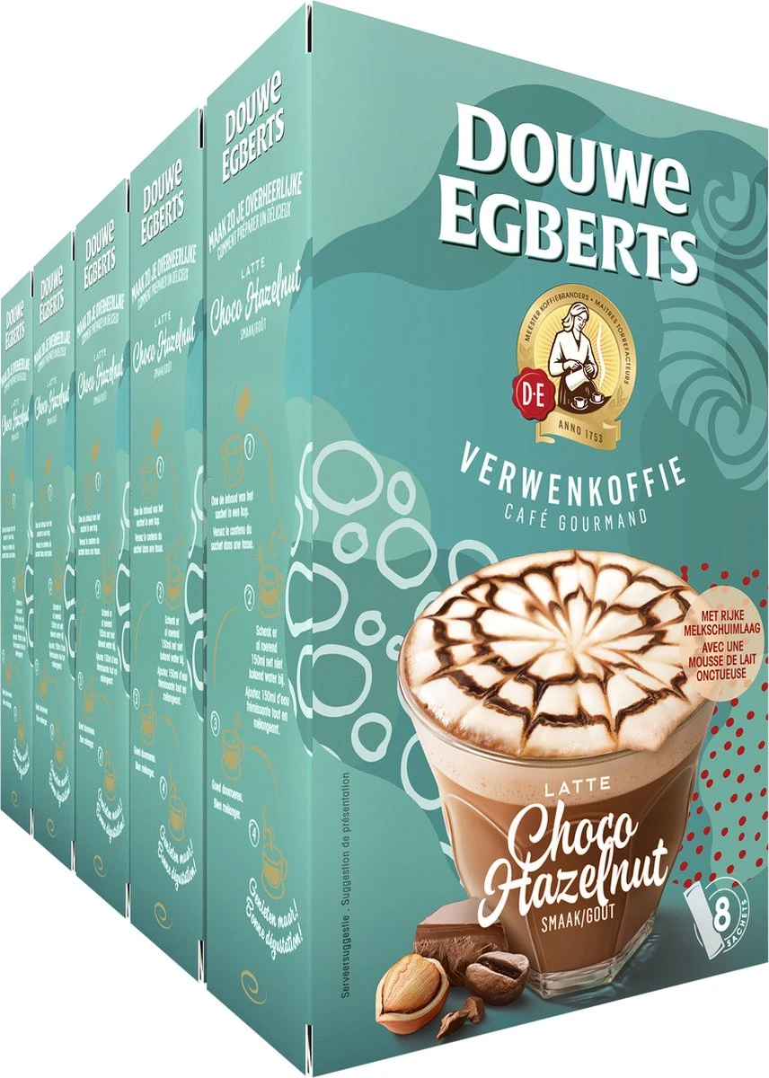 Douwe Egberts Latte Choco Hazelnut Oploskoffie - 5/9 Intensiteit - 5 X 8 Zakjes 1 Douwe Egberts Latte Choco Hazelnut Oploskoffie - 5/9 Intensiteit - 5 X 8 Zakjes